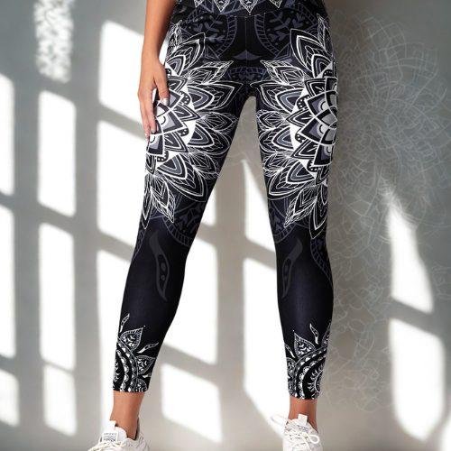 Legging_femme_sport_taille_haute_Pwrsft_Motif_lotus_elegant_Ideal_pour_yoga_et_stretching_Sans_poche_Taille_haute_gainante-couleur-noir