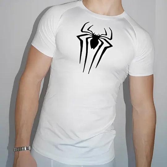 T-shirt-de-compression-pour-homme-blanc-avec-araignée-imprimée-blanche-respirant-sechage-rapide-confort