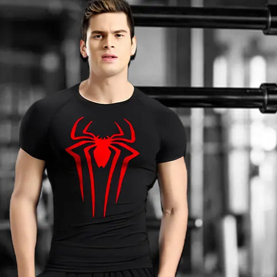 T-shirt-de-compression-pour-homme-noir-avec-araignée-imprimée-rouge-confort-optimal