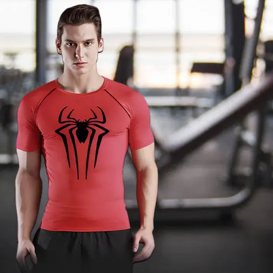T-shirt-de-compression-pour-homme-rouge-avec-araign_e-imprim_e-noir